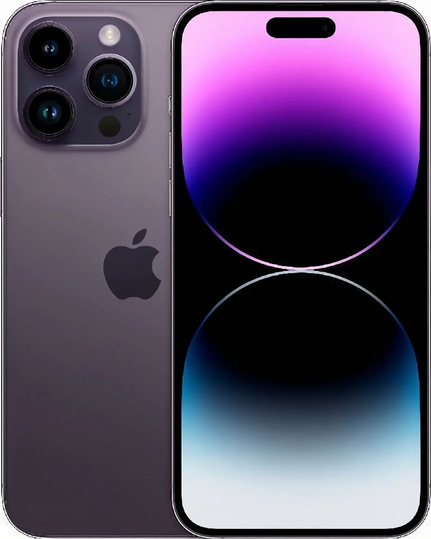 Refurbished iPhone 14 Pro Max in Deep Purple - Front and rear view. Shop direct.