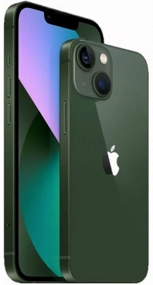 Refurbished iPhone 13 in Green - Front and back view. View our complete in-house certified UK collection. Shop direct.