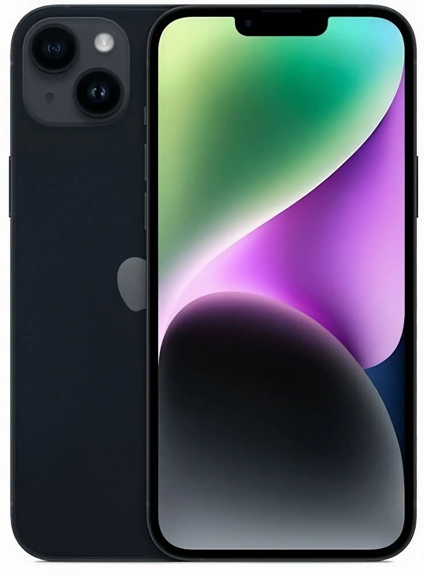 Refurbished iPhone 14 Plus in Midnight - Front and rear view. Shop direct.
