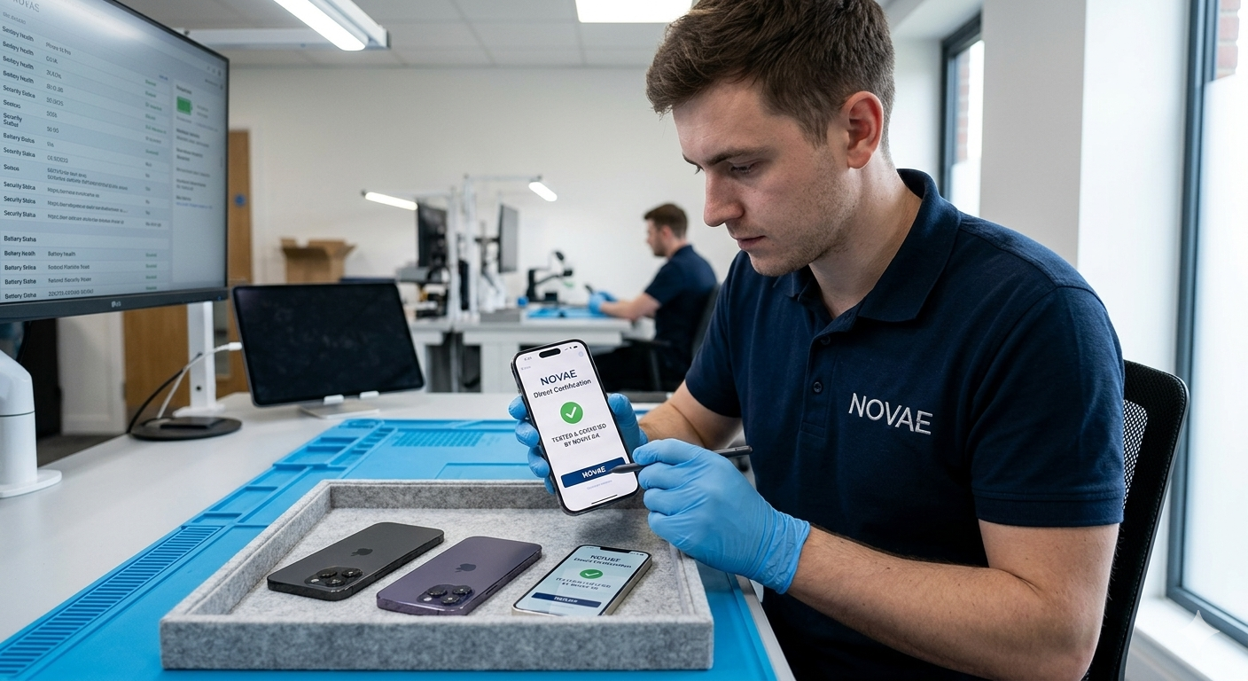 NOVAE technician certifying a refurbished iPhone with a direct diagnostic report in our UK workshop - No third-party sellers.