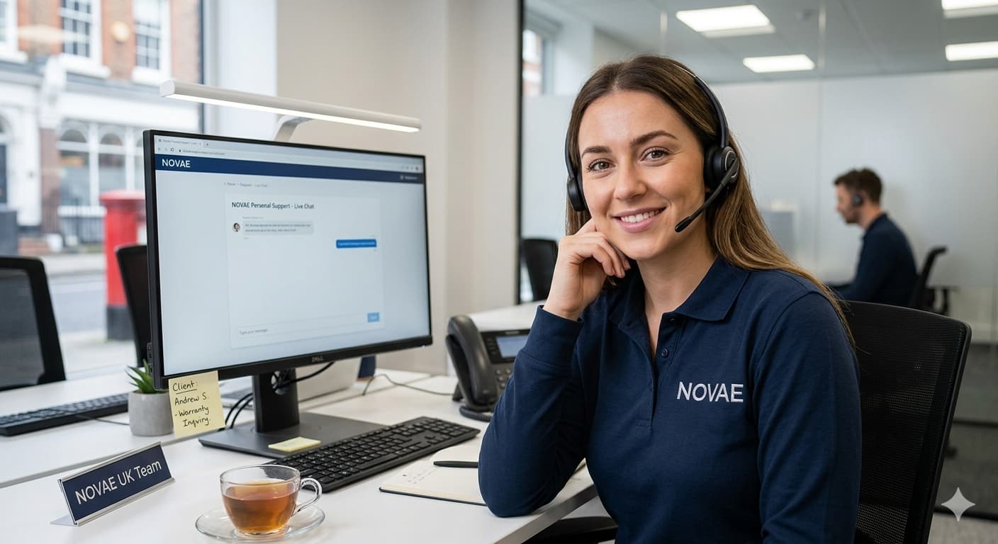 Friendly NOVAE customer support expert with headset in our UK office - Real human assistance for refurbished iPhones.
