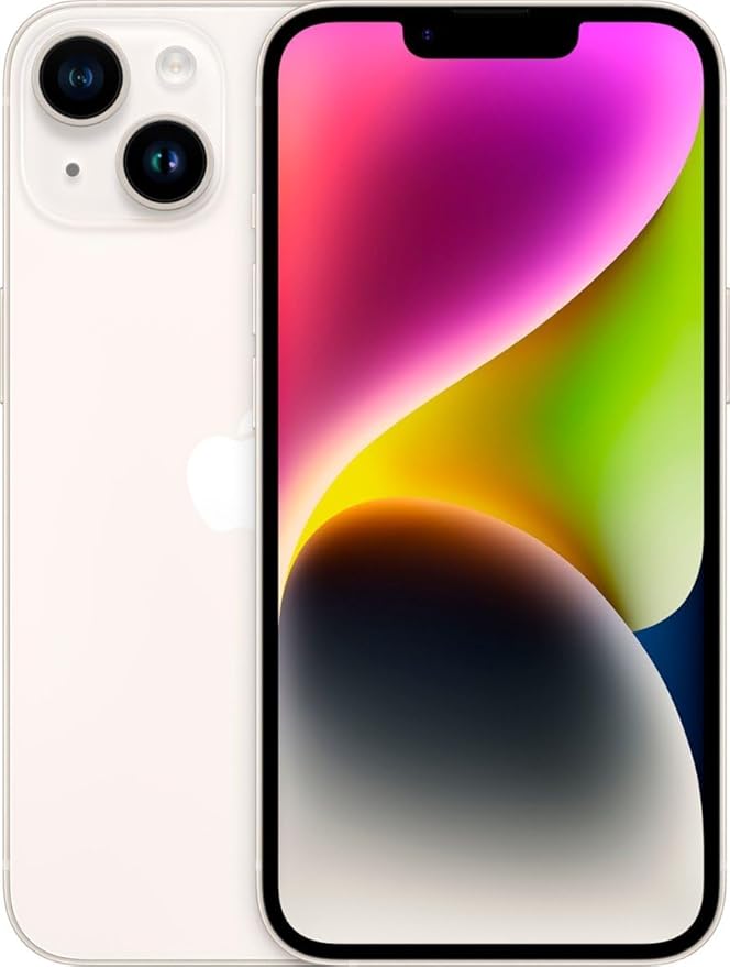 Refurbished iPhone 14 Plus in Starlight - Front and rear view. Shop direct.