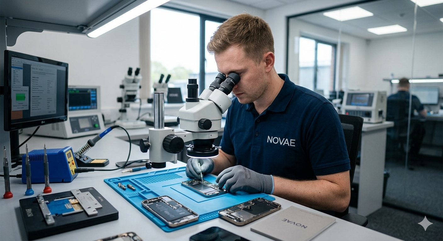NOVAE in-house technician meticulously inspecting a refurbished iPhone 14 Pro logic board under a microscope in our workshop