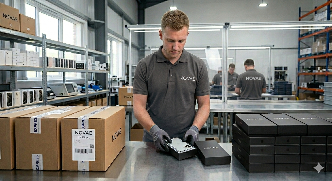 NOVAE staff in black uniform packing a refurbished iPhone in our UK warehouse for timely direct fulfilment