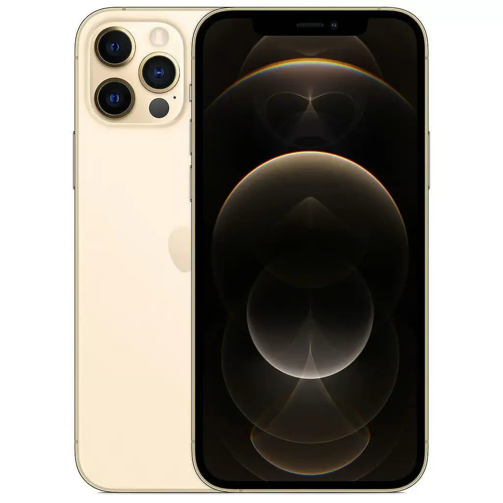 Refurbished iPhone 12 Pro in Gold - Front and rear view. View our certified UK collection. Shop direct.