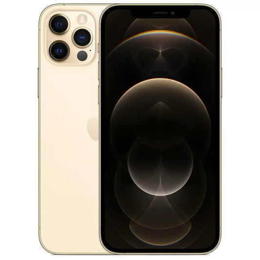 Refurbished iPhone 12 Pro in Gold - Front and rear view. View our certified UK collection. Shop direct.
