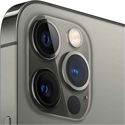 Refurbished iPhone 12 Pro Max in Graphite - camera view. Shop direct.