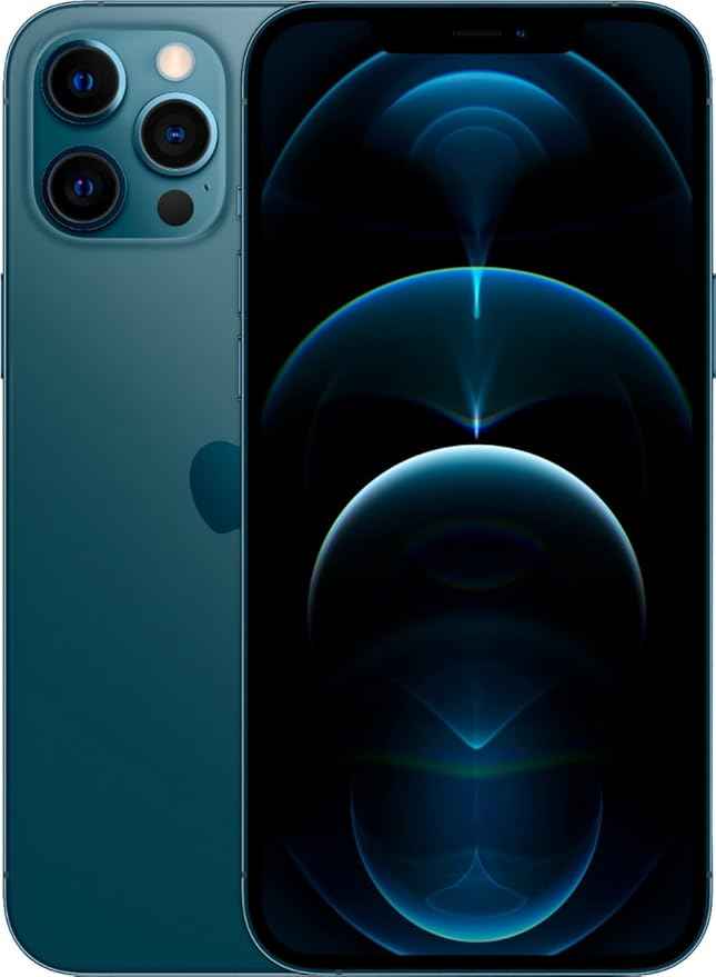 Refurbished iPhone 12 Pro Max in Pacific Blue - Front view. Shop direct.