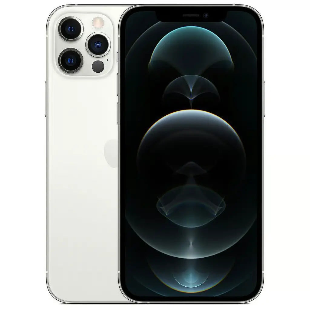 Refurbished iPhone 12 Pro in Silver - front and rear view. Shop now.