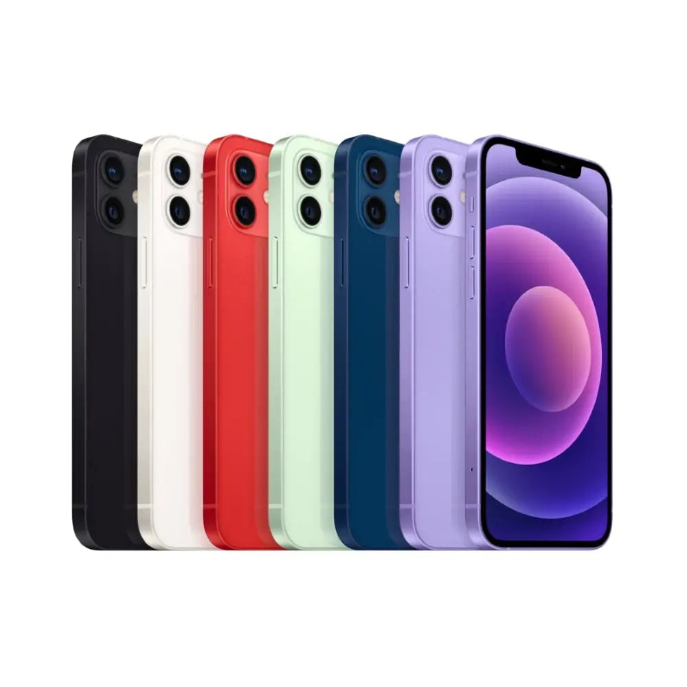 Refurbished iPhone 12 in all colors: Black, White, Red, Green, Blue, Purple. Shop Now.