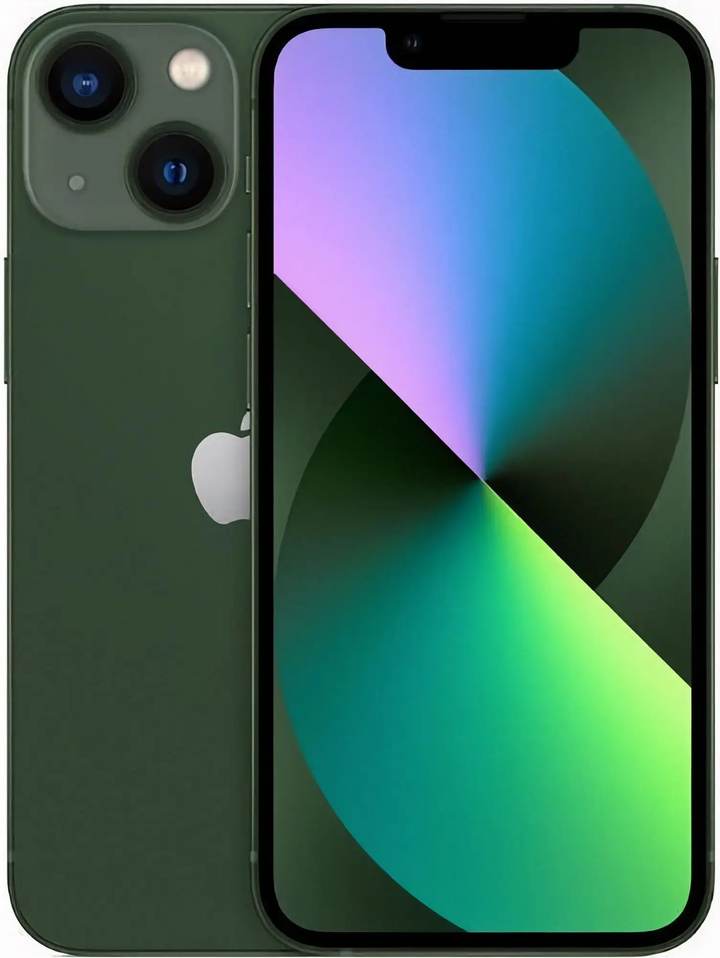 Refurbished iPhone 13 in Green - Front and back view. View our complete in-house certified UK collection. Shop direct.