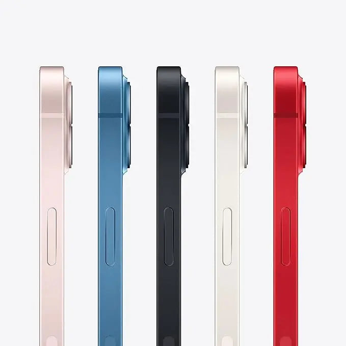 Refurbished iPhone 13 in all colors: red, Starlight, midnight, blue, pink and green. Side view. Shop now.