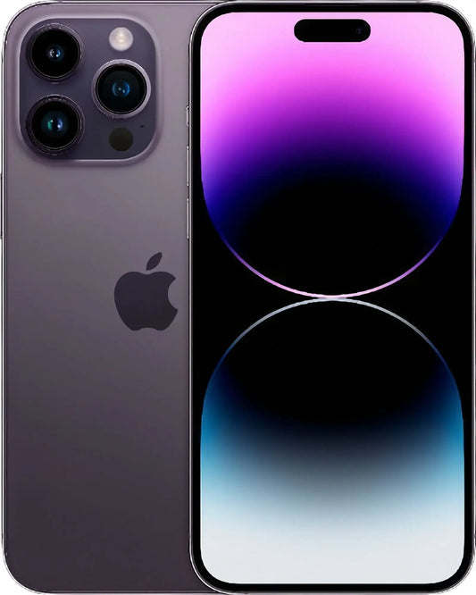Refurbished iPhone 14 Pro in Deep Purple with front and back view. Shop now.