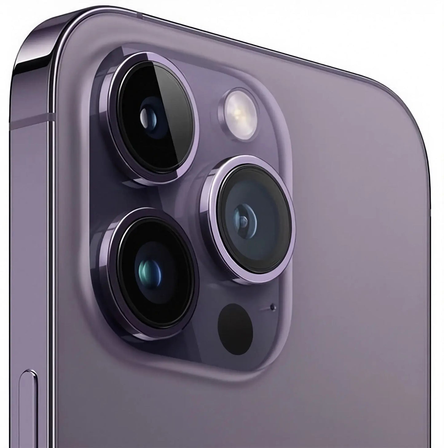 Refurbished iPhone 14 Pro in Deep Purple with camera view. Shop now.