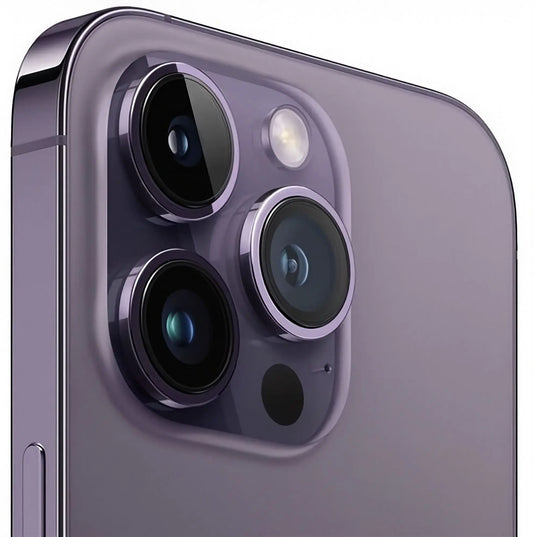 Refurbished iPhone 14 Pro in Deep Purple with camera view. Shop now.