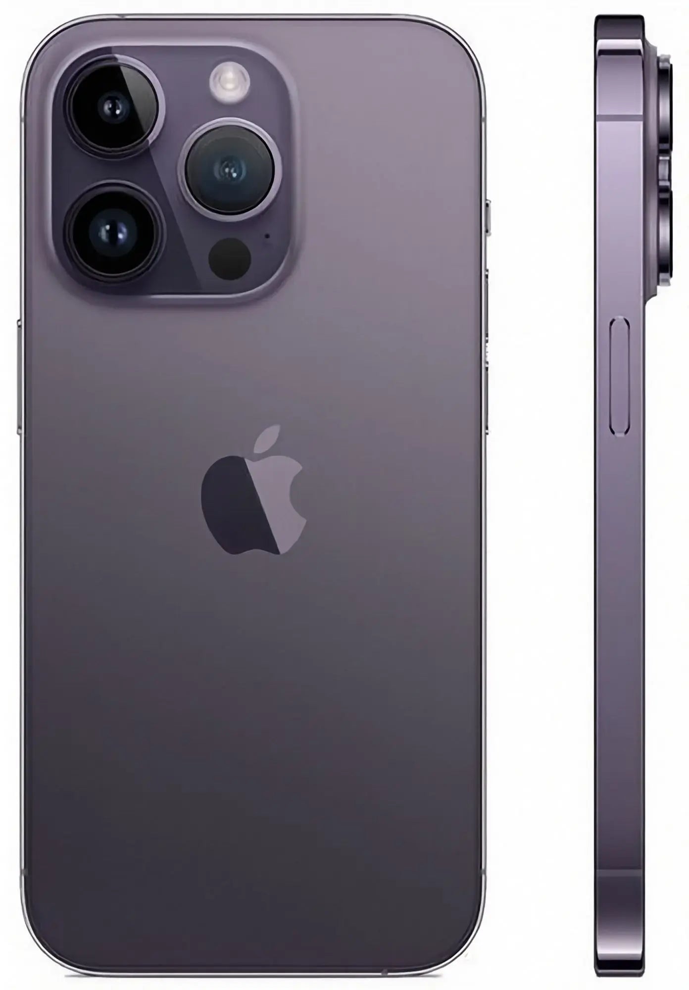Refurbished iPhone 14 Pro in Deep Purple with back and side view. Shop now.