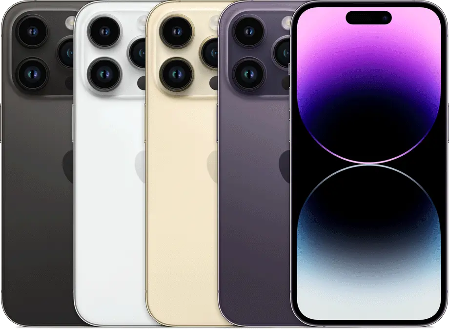 Refurbished iPhone 14 Pro in all colors: Space Black, Sliver, Gold and Deep Purple. Shop now.