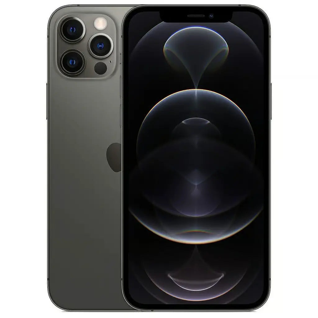 Refurbished iPhone 12 Pro in Graphite - Front and rear view. View our certified UK collection. Shop direct.