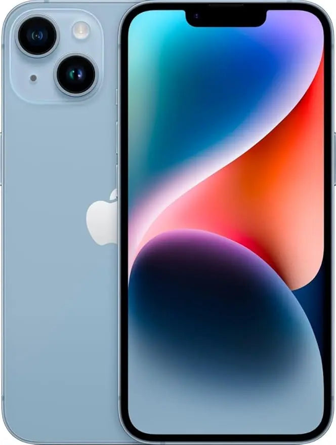 Refurbished iPhone 14 in blue - Front and rear view. View our complete in-house certified UK collection. Shop direct.