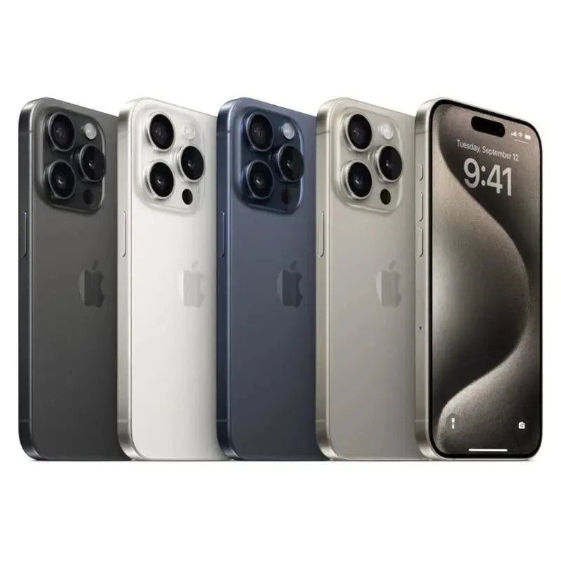 Refurbished iPhone 15 Pro in all colors: black titanium, white titanium, blue titanium, and natural titanium. View our complete in-house certified UK collection.