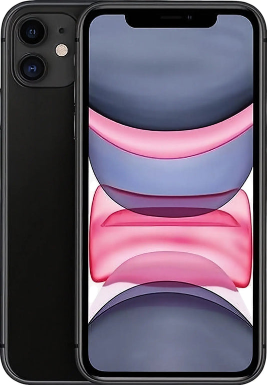 Refurbished iPhone 11 in Black - Front and rear view. View our certified UK collection. Shop direct.