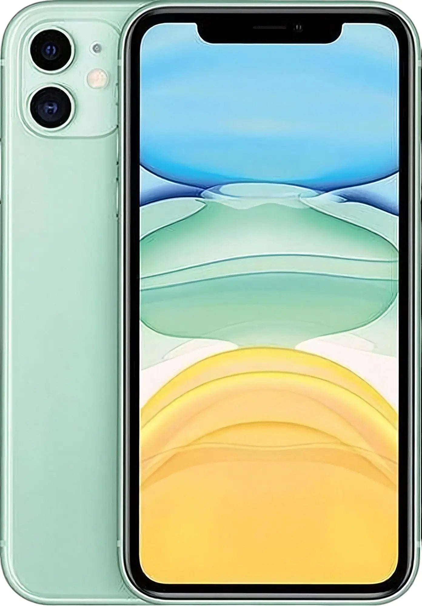 Refurbished iPhone 11 in Green - Front and rear view. View our certified UK collection. Shop direct.
