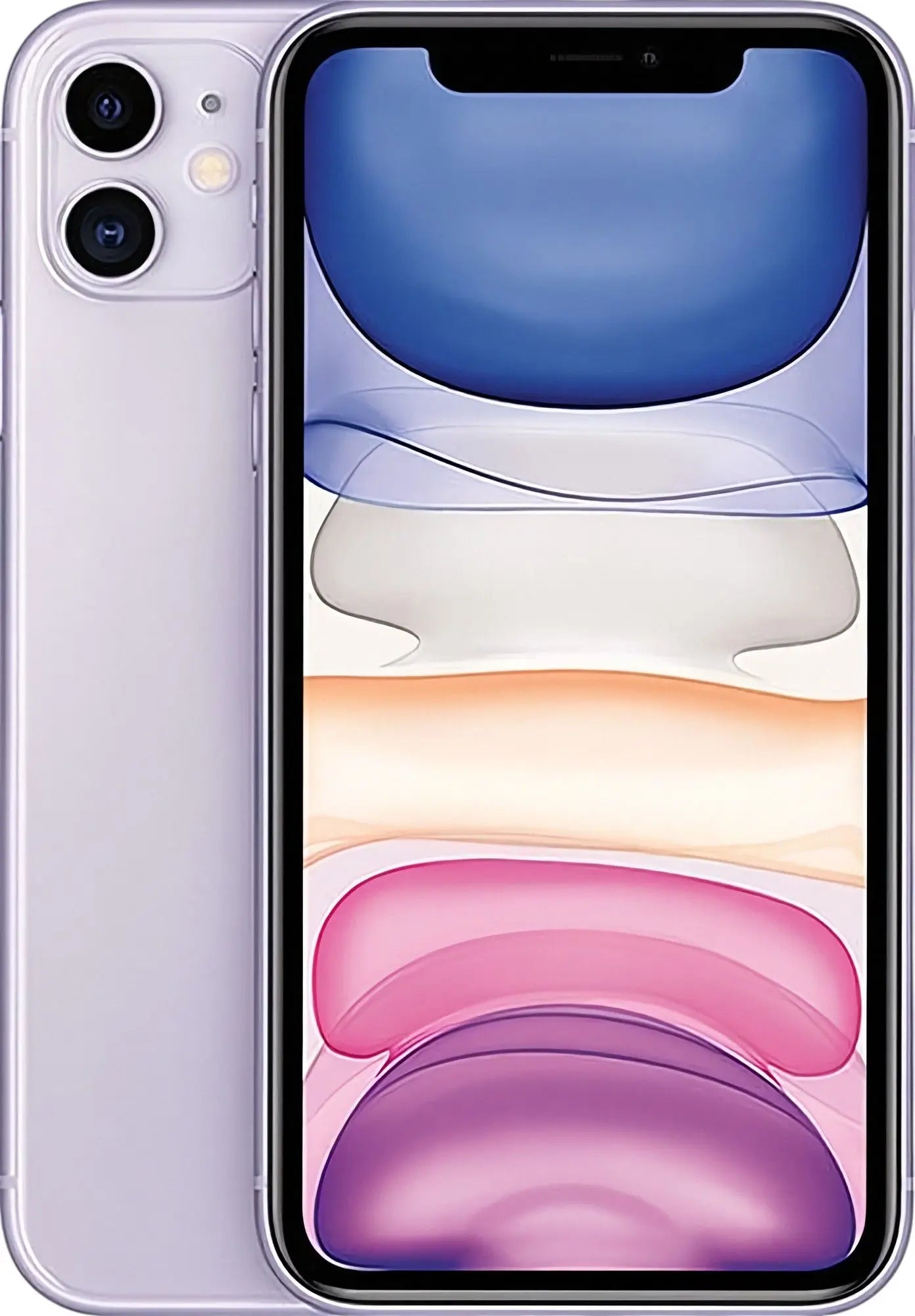 Refurbished iPhone 11 in Purple - Front and rear view. View our certified UK collection. Shop direct.