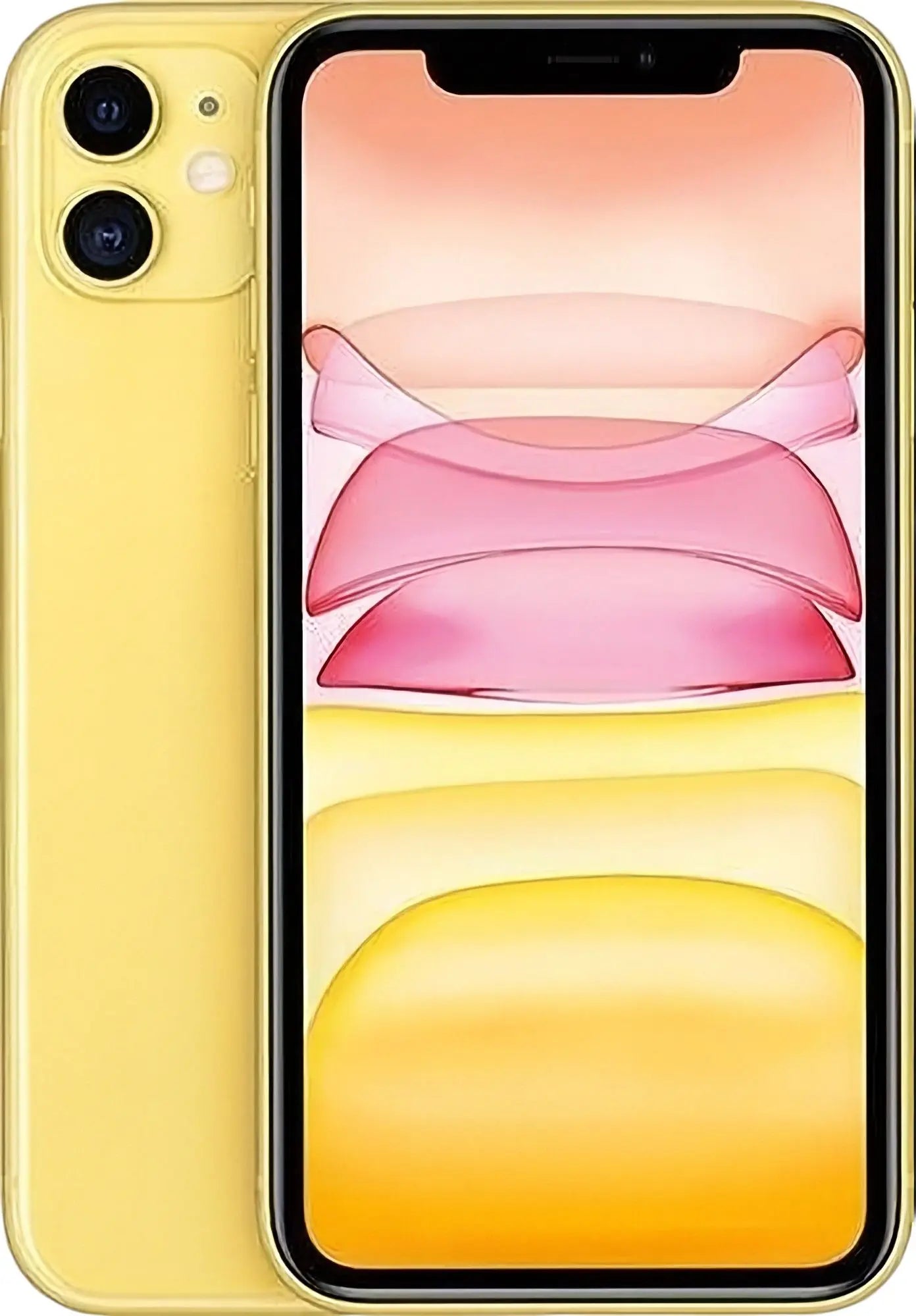 Refurbished iPhone 11 in Yellow - Front and rear view. View our certified UK collection. Shop direct.