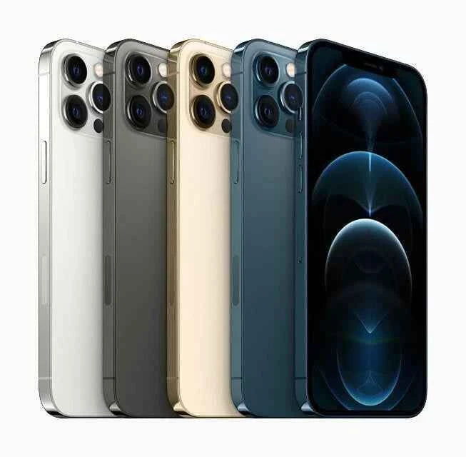 Refurbished iphone 12 Pro Max in all color: Pacific Blue, Gold, Sliver and Graphite - back view. Shop now