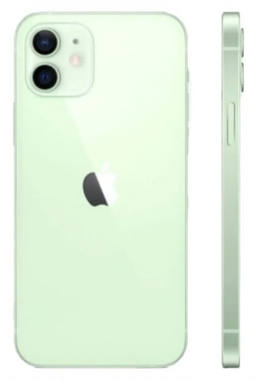 Refurbished iPhone 12 in Green - back and side view. View our complete in-house certified collection. Shop direct.