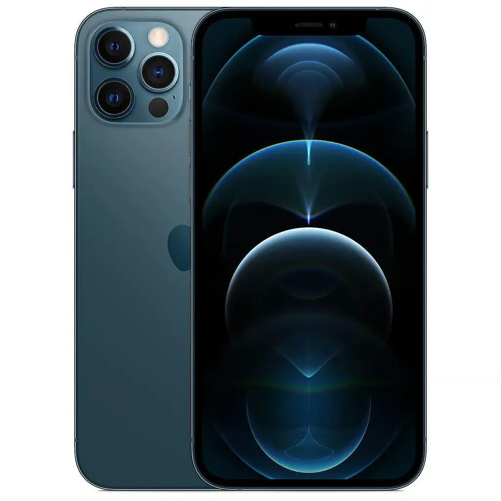 Refurbished iPhone 12 Pro in Pacific Blue - Front and rear view. View our certified UK collection. Shop direct.