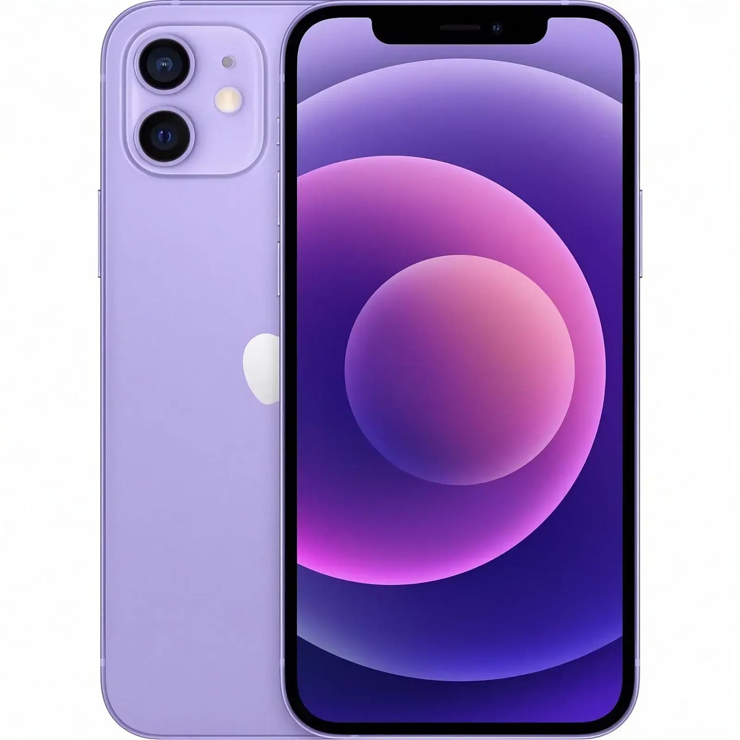 Refurbished iPhone 12 in Purple - Front and back view. View our complete in-house certified collection. Shop direct.