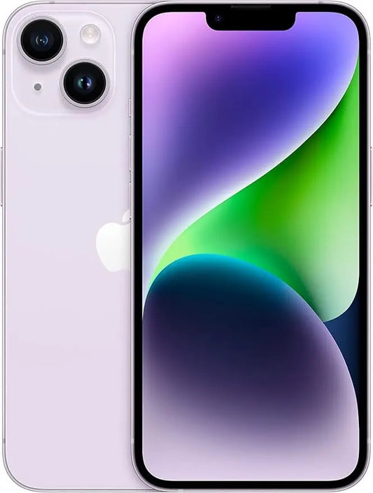 Refurbished iPhone 14 in purple - Front and rear view. View our complete in-house certified UK collection. Shop direct.