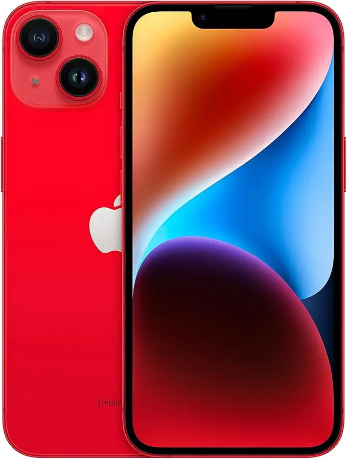Refurbished iPhone 14 in red - Front and rear view. View our complete in-house certified UK collection. Shop direct.