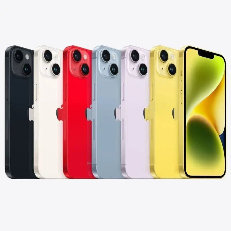 Refurbished iPhone 14 in all colors: Midnight, Starlight, RED, Blue, Purple, and Yellow. View our complete in-house certified UK collection.