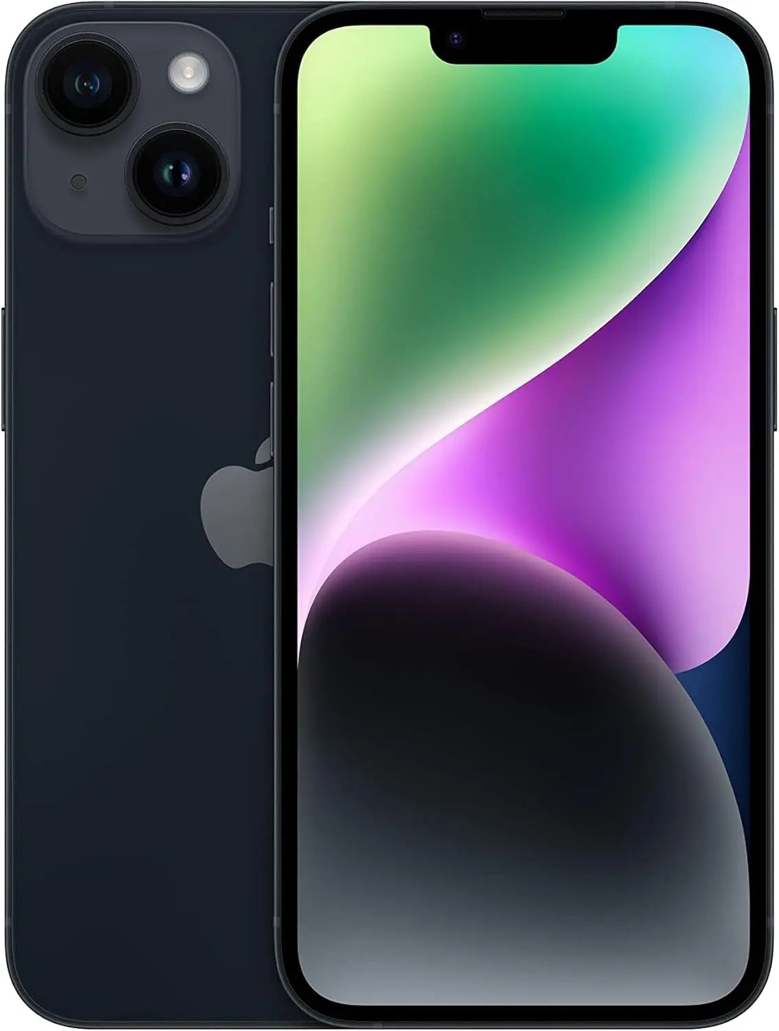 Refurbished iPhone 14 in  midnight - Front and rear view. View our complete in-house certified UK collection. Shop direct.