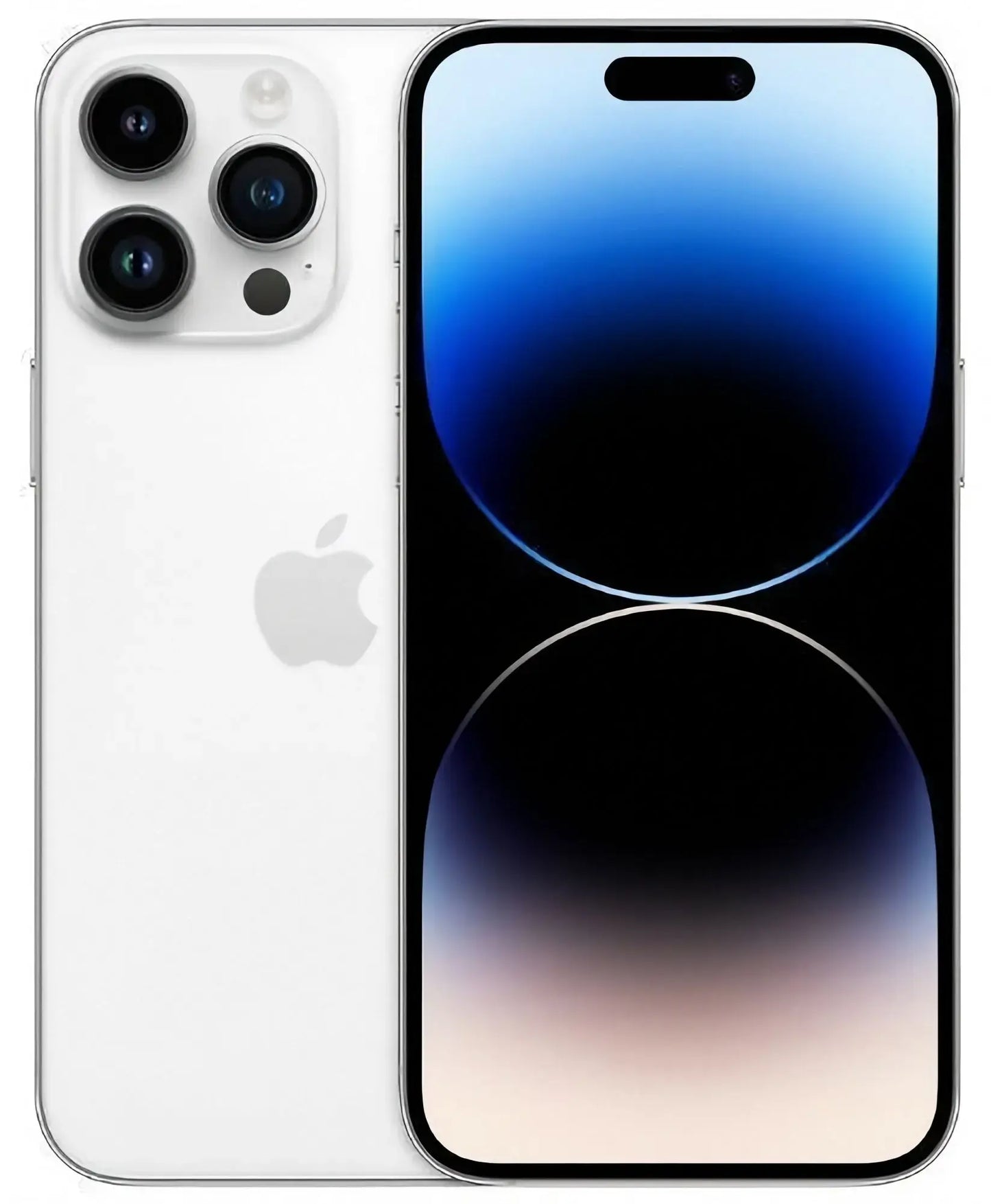 Refurbished iPhone 14 Pro Max in Silver - Front and rear view. Shop direct.