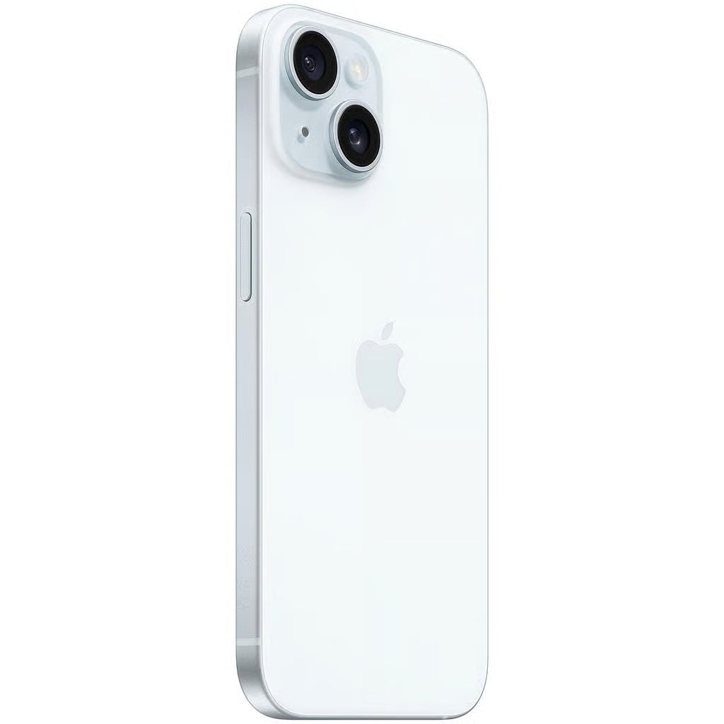 Refurbished iPhone 15 in blue with back view