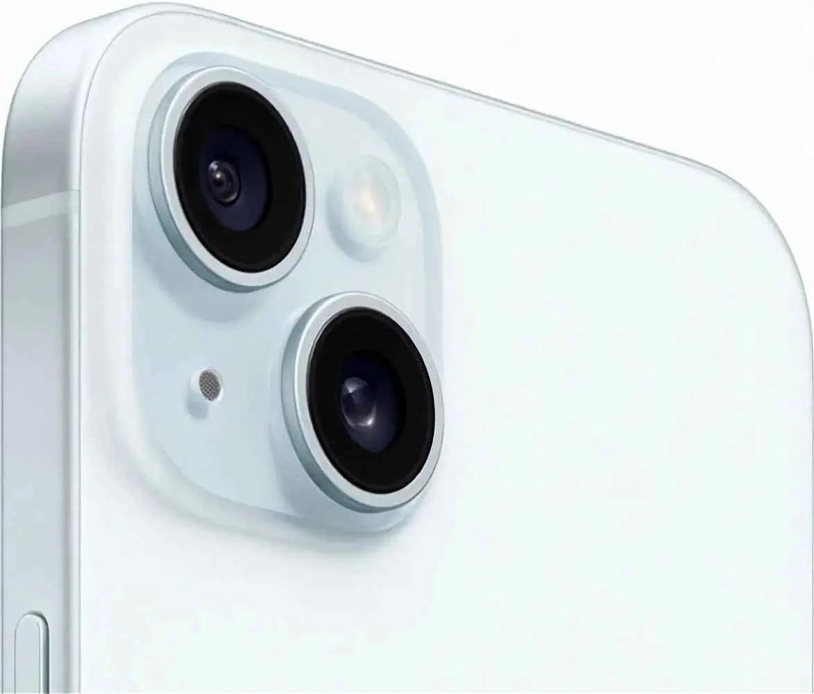 Refurbished iPhone 15 in blue with camera view