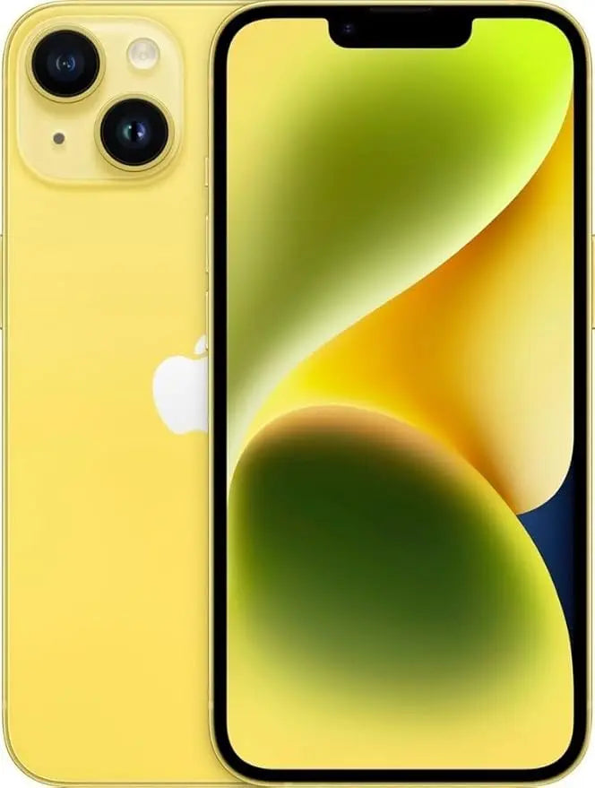 Refurbished iPhone 14 in yellow - Front and rear view. View our complete in-house certified UK collection. Shop direct.